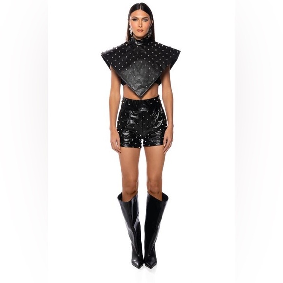 Faux Leather Stud Mock Neck Triangle Blouse & HBIC FAUX LEATHER SPIKE Shorts - Picture 7 of 15